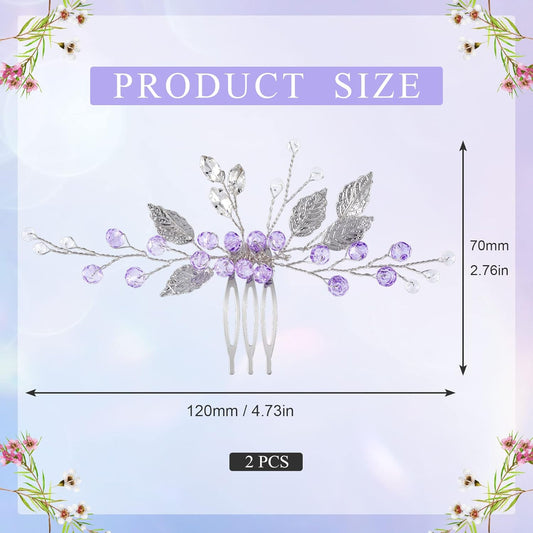 2PCS Leaf Hair Combs, Purple Rhinestone Hair Comb Clips, Hair Side Comb Clips, Crystal Wedding Headpiece Accessories for Women, Girls, Bride, Bridesmaid (4.73 X 2.76 Inch)