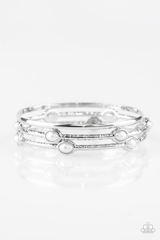 Bangle Belle - Silver Bangle Featuring White Pearl Beads