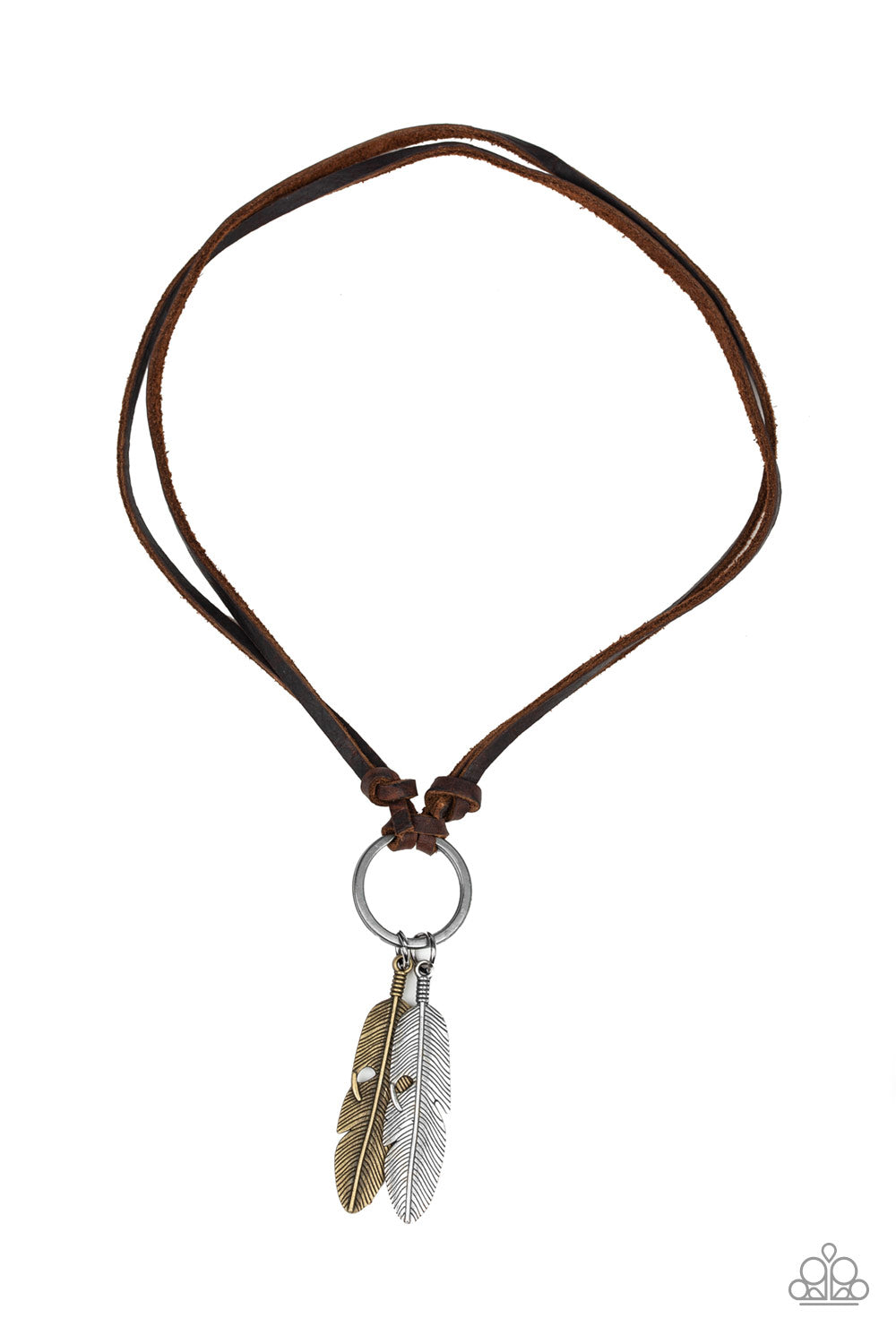 Sky Walker - Brown Leather Men's Necklace with Brass & Silver Feather Pendant