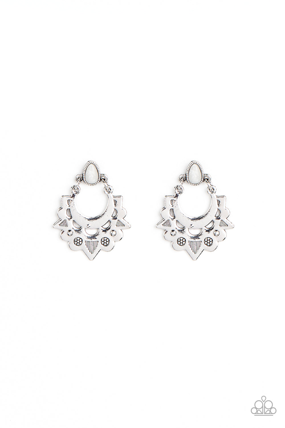 Earthy Zeal - White & Silver Scalloped Post Back Earrings