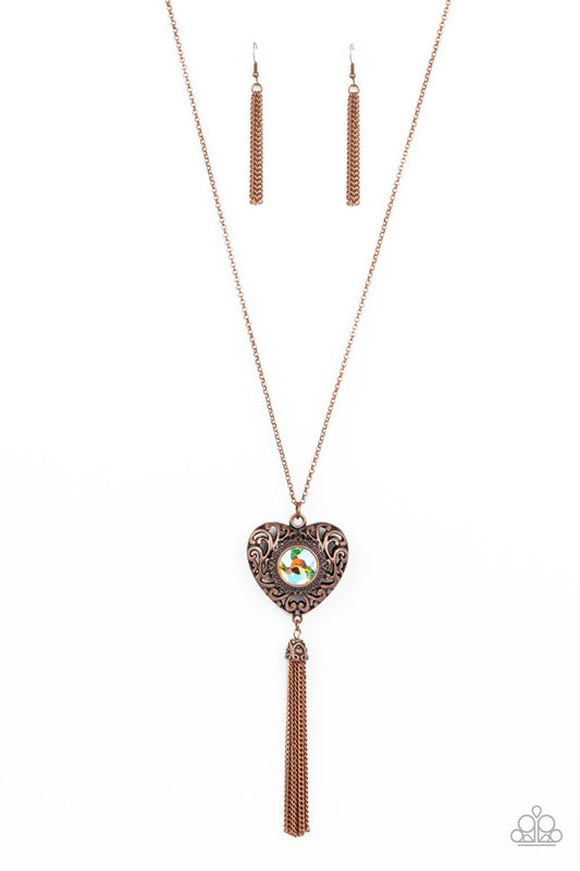 Prismatic Passion - Copper Filigree Heart Pendant Necklace