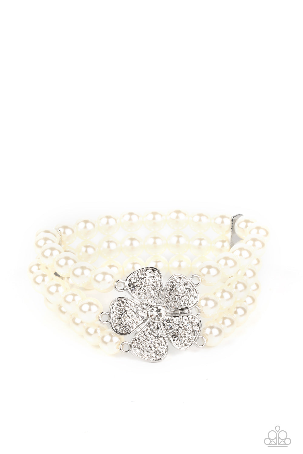 Park Avenue Orchard - White Pearl Bead Bracelet with Rhinestone Flower