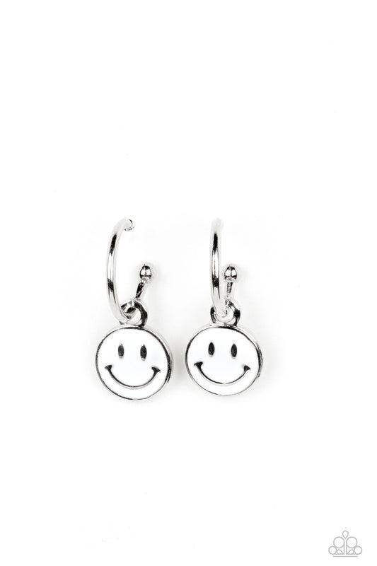 Subtle Smile - White Smiley-Face Post Back Earrings