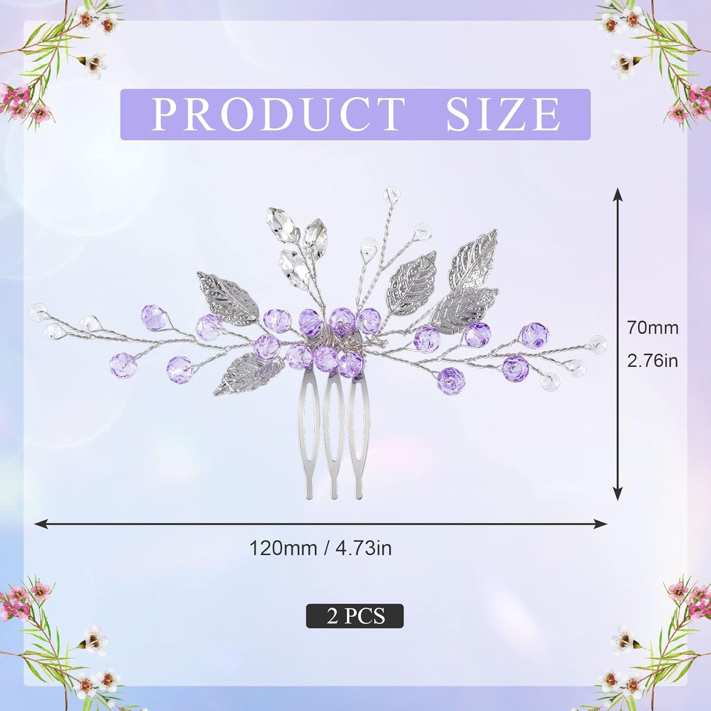 2PCS Leaf Hair Combs, Purple Rhinestone Hair Comb Clips, Hair Side Comb Clips, Crystal Wedding Headpiece Accessories for Women, Girls, Bride, Bridesmaid (4.73 X 2.76 Inch)