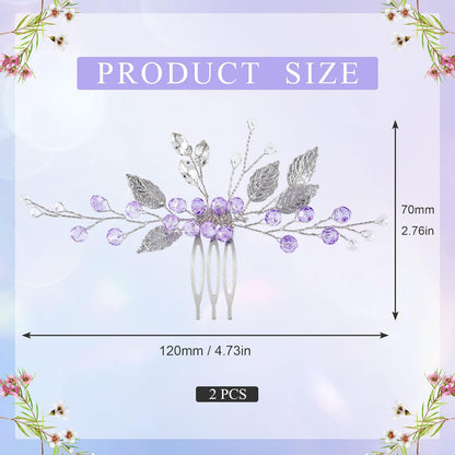 2PCS Leaf Hair Combs, Purple Rhinestone Hair Comb Clips, Hair Side Comb Clips, Crystal Wedding Headpiece Accessories for Women, Girls, Bride, Bridesmaid (4.73 X 2.76 Inch)