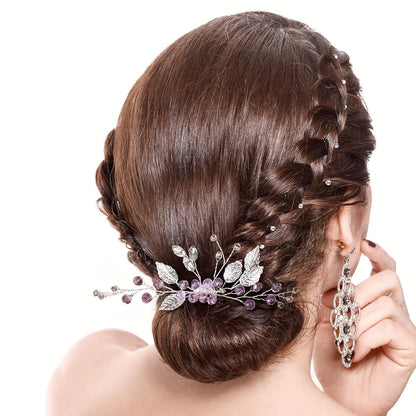2PCS Leaf Hair Combs, Purple Rhinestone Hair Comb Clips, Hair Side Comb Clips, Crystal Wedding Headpiece Accessories for Women, Girls, Bride, Bridesmaid (4.73 X 2.76 Inch)