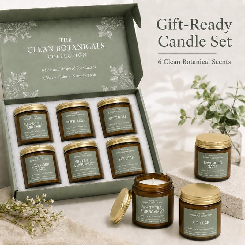 Scented Candles Gift Set for Women, Clean Botanicals Collection, 6 Pack 3.5 Oz Natural Soy Wax Candles in Amber Glass Jars, Aromatherapy Gifts for Mom Birthday Housewarming, Lavender Sage