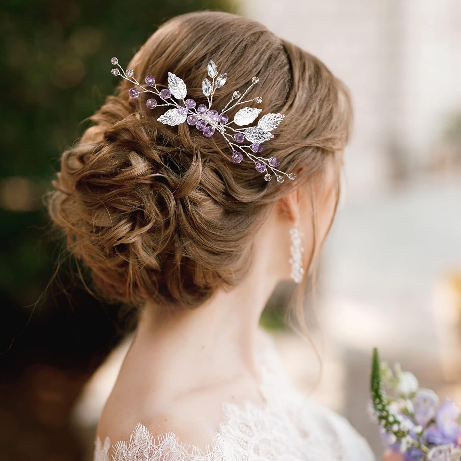 2PCS Leaf Hair Combs, Purple Rhinestone Hair Comb Clips, Hair Side Comb Clips, Crystal Wedding Headpiece Accessories for Women, Girls, Bride, Bridesmaid (4.73 X 2.76 Inch)