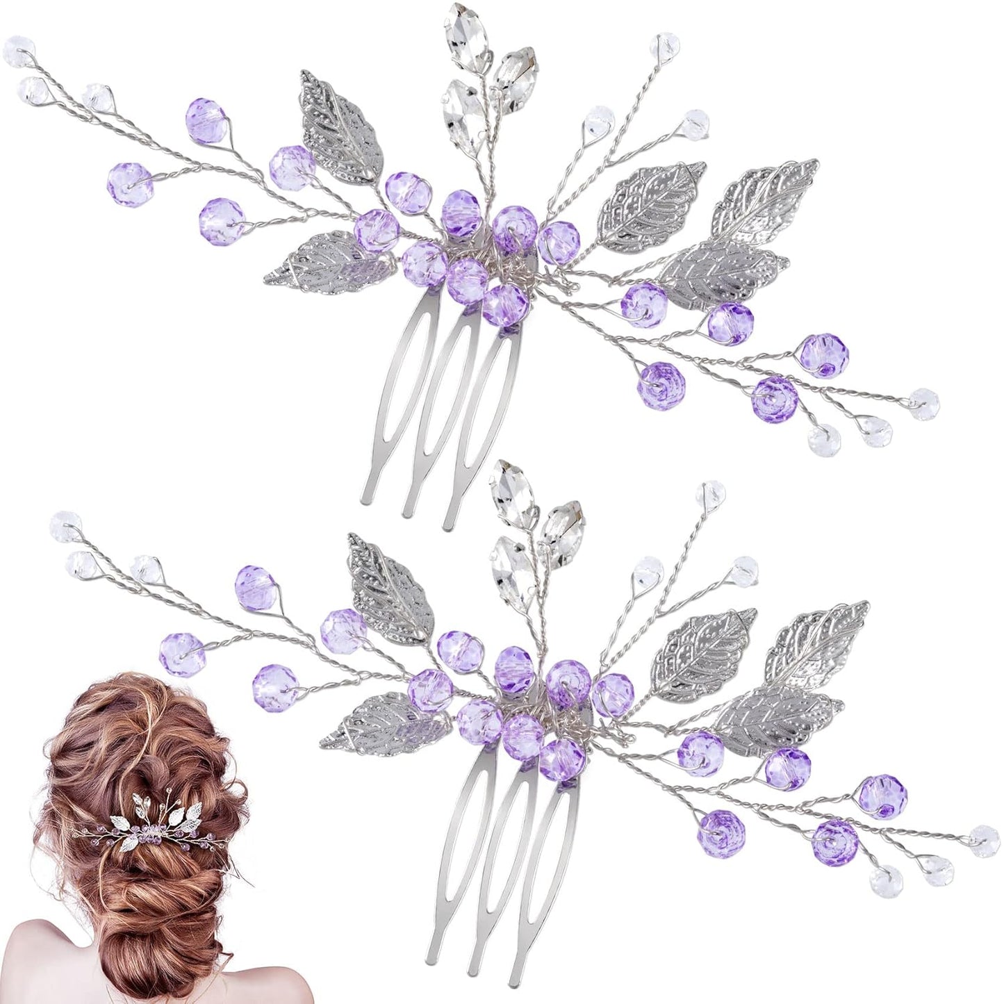 2PCS Leaf Hair Combs, Purple Rhinestone Hair Comb Clips, Hair Side Comb Clips, Crystal Wedding Headpiece Accessories for Women, Girls, Bride, Bridesmaid (4.73 X 2.76 Inch)