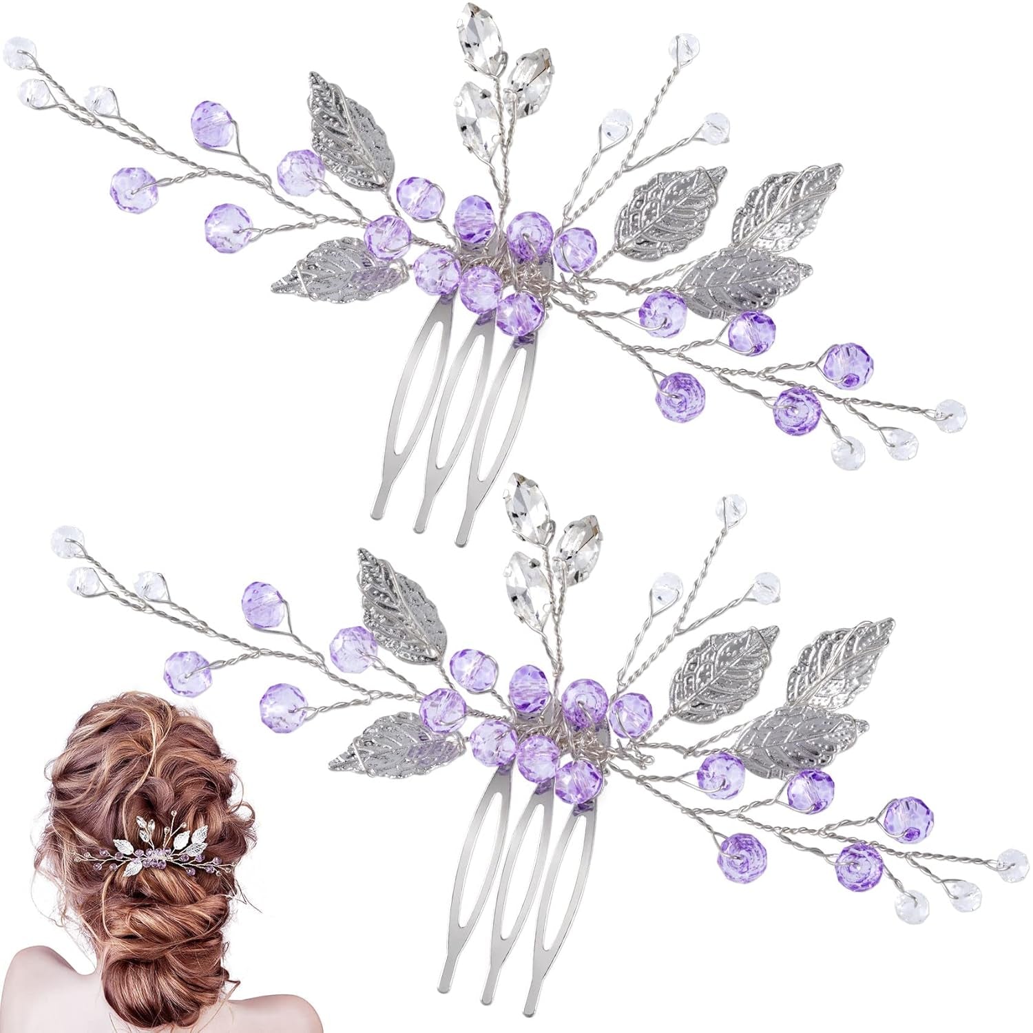 2PCS Leaf Hair Combs, Purple Rhinestone Hair Comb Clips, Hair Side Comb Clips, Crystal Wedding Headpiece Accessories for Women, Girls, Bride, Bridesmaid (4.73 X 2.76 Inch)