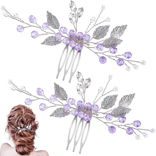 2PCS Leaf Hair Combs, Purple Rhinestone Hair Comb Clips, Hair Side Comb Clips, Crystal Wedding Headpiece Accessories for Women, Girls, Bride, Bridesmaid (4.73 X 2.76 Inch)