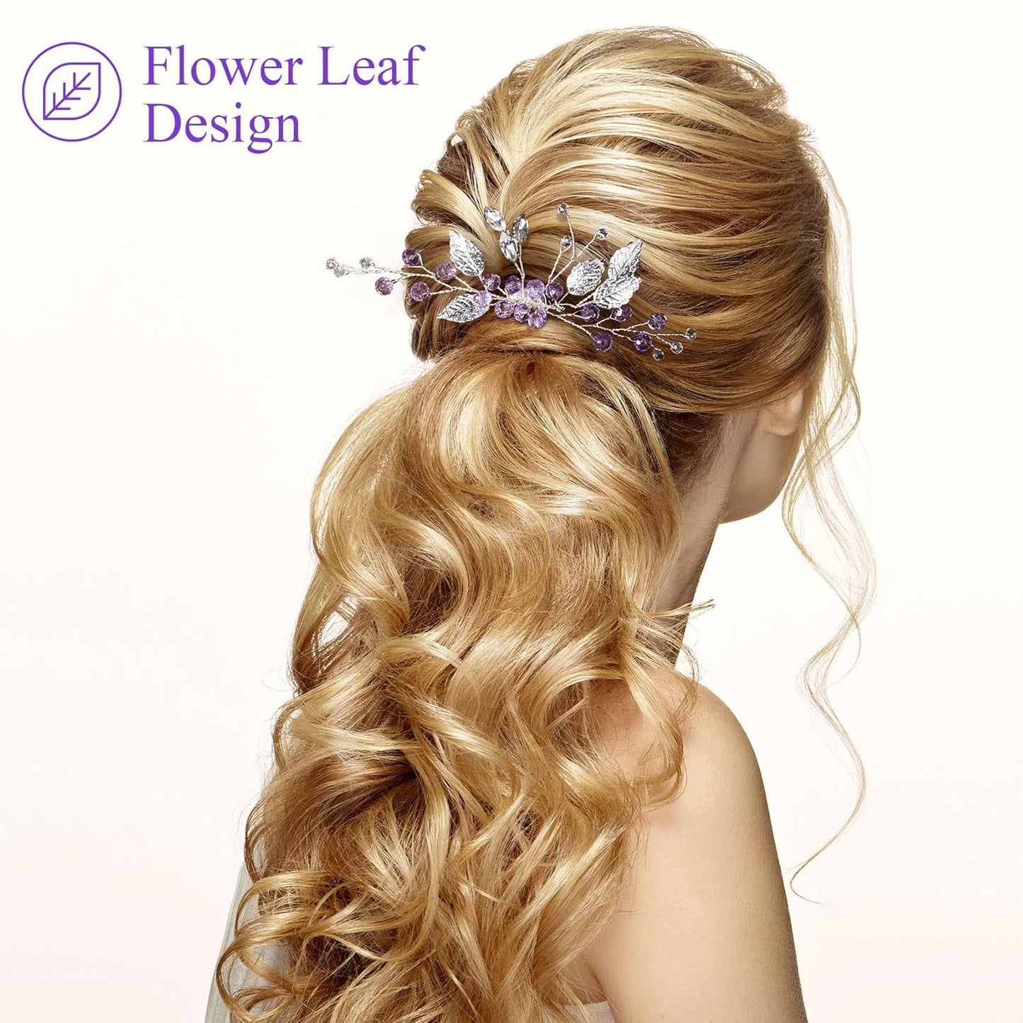 2PCS Leaf Hair Combs, Purple Rhinestone Hair Comb Clips, Hair Side Comb Clips, Crystal Wedding Headpiece Accessories for Women, Girls, Bride, Bridesmaid (4.73 X 2.76 Inch)