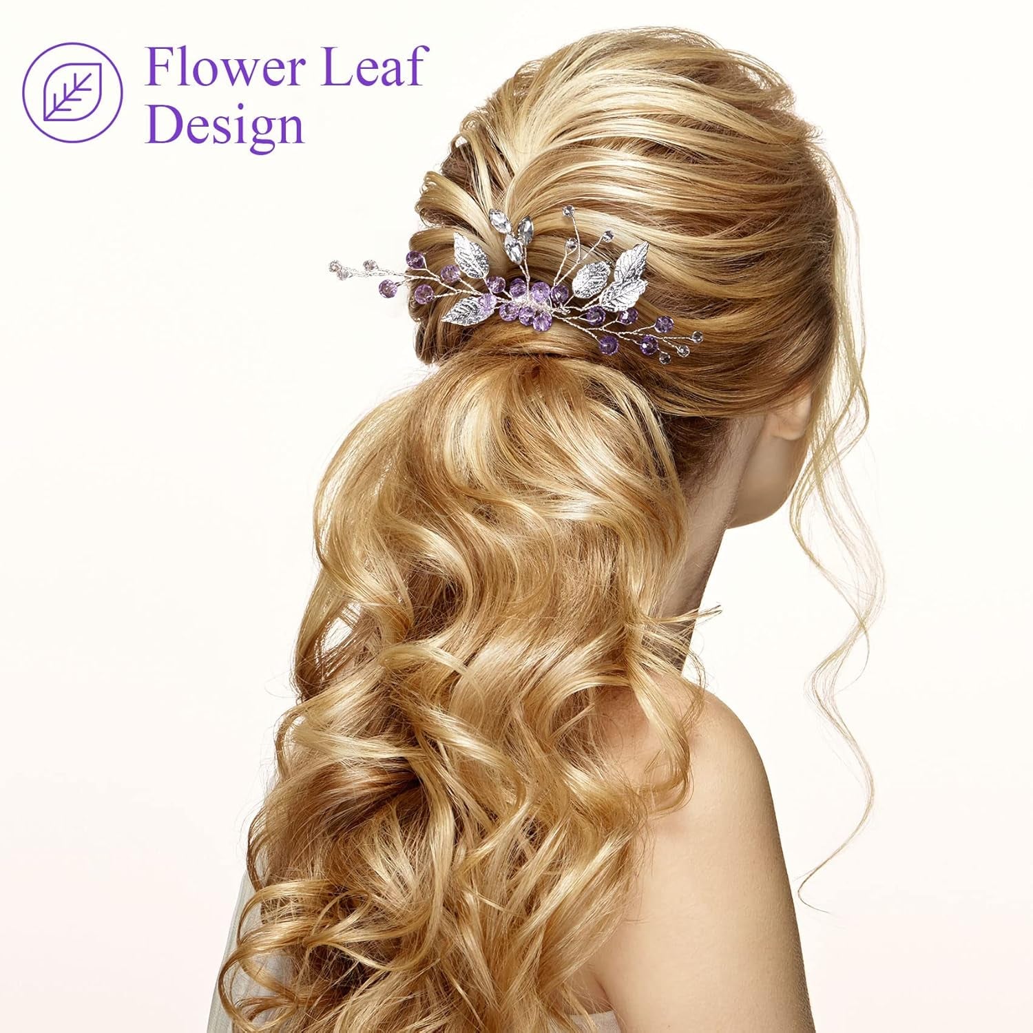 2PCS Leaf Hair Combs, Purple Rhinestone Hair Comb Clips, Hair Side Comb Clips, Crystal Wedding Headpiece Accessories for Women, Girls, Bride, Bridesmaid (4.73 X 2.76 Inch)