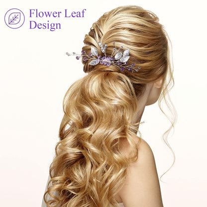 2PCS Leaf Hair Combs, Purple Rhinestone Hair Comb Clips, Hair Side Comb Clips, Crystal Wedding Headpiece Accessories for Women, Girls, Bride, Bridesmaid (4.73 X 2.76 Inch)