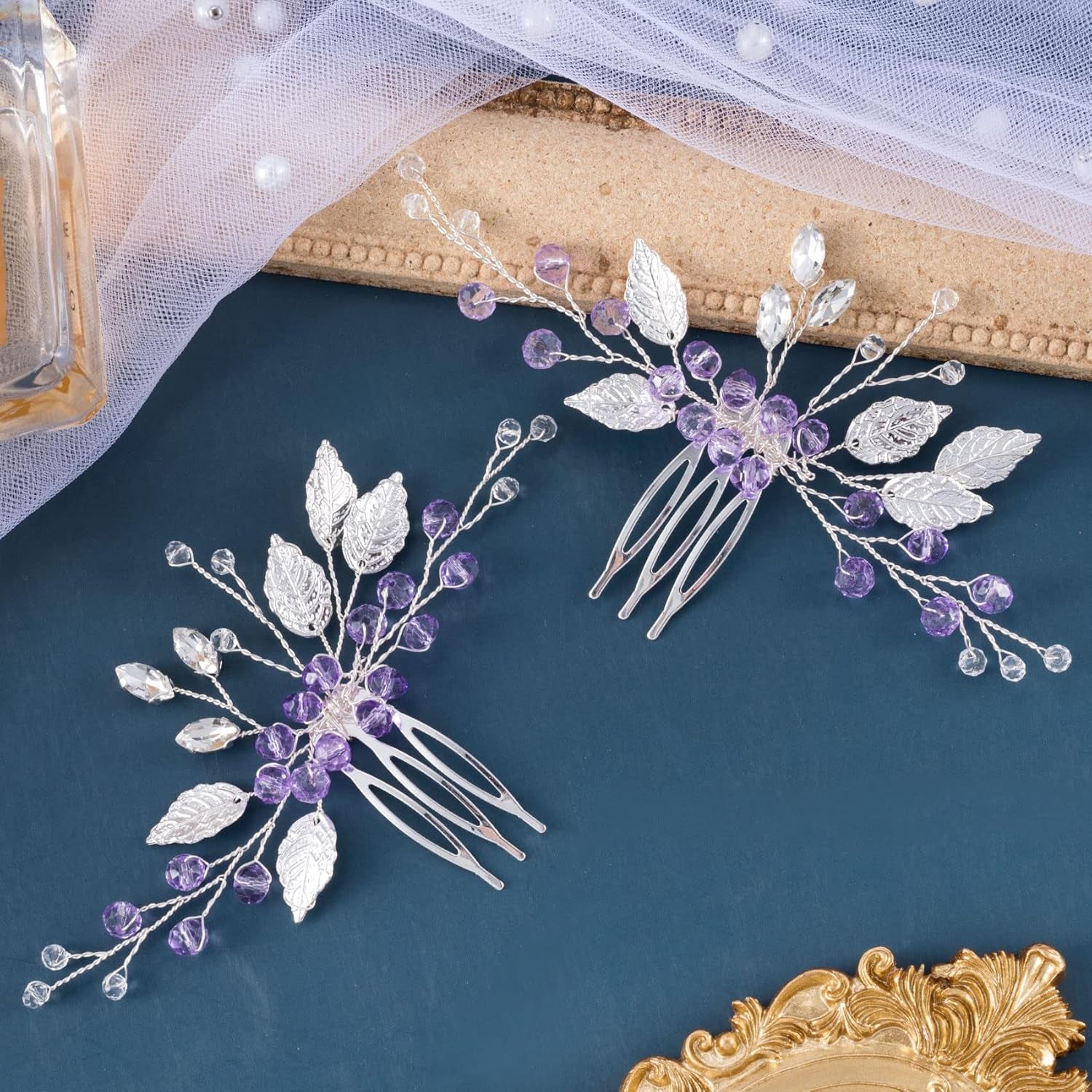 2PCS Leaf Hair Combs, Purple Rhinestone Hair Comb Clips, Hair Side Comb Clips, Crystal Wedding Headpiece Accessories for Women, Girls, Bride, Bridesmaid (4.73 X 2.76 Inch)