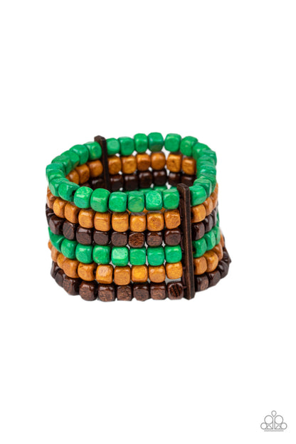 Tropical Tundra - Green, Tan, and Brown Beaded Wood Bracelet