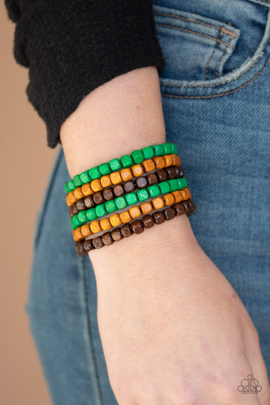 Tropical Tundra - Green, Tan, and Brown Beaded Wood Bracelet