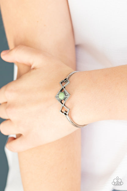 Dainty Deco - Green Beaded Silver Cuff Bracelet