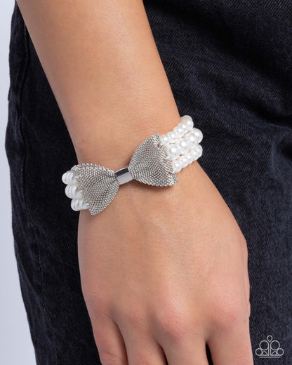 Dapper Dialogue - White Pearl Beaded Bow Bracelet