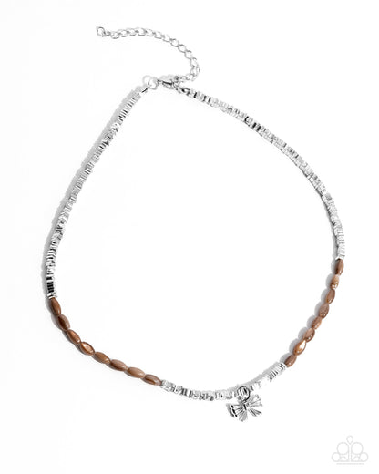Dainty Dimension - Brown & Silver Bow Charm Necklace