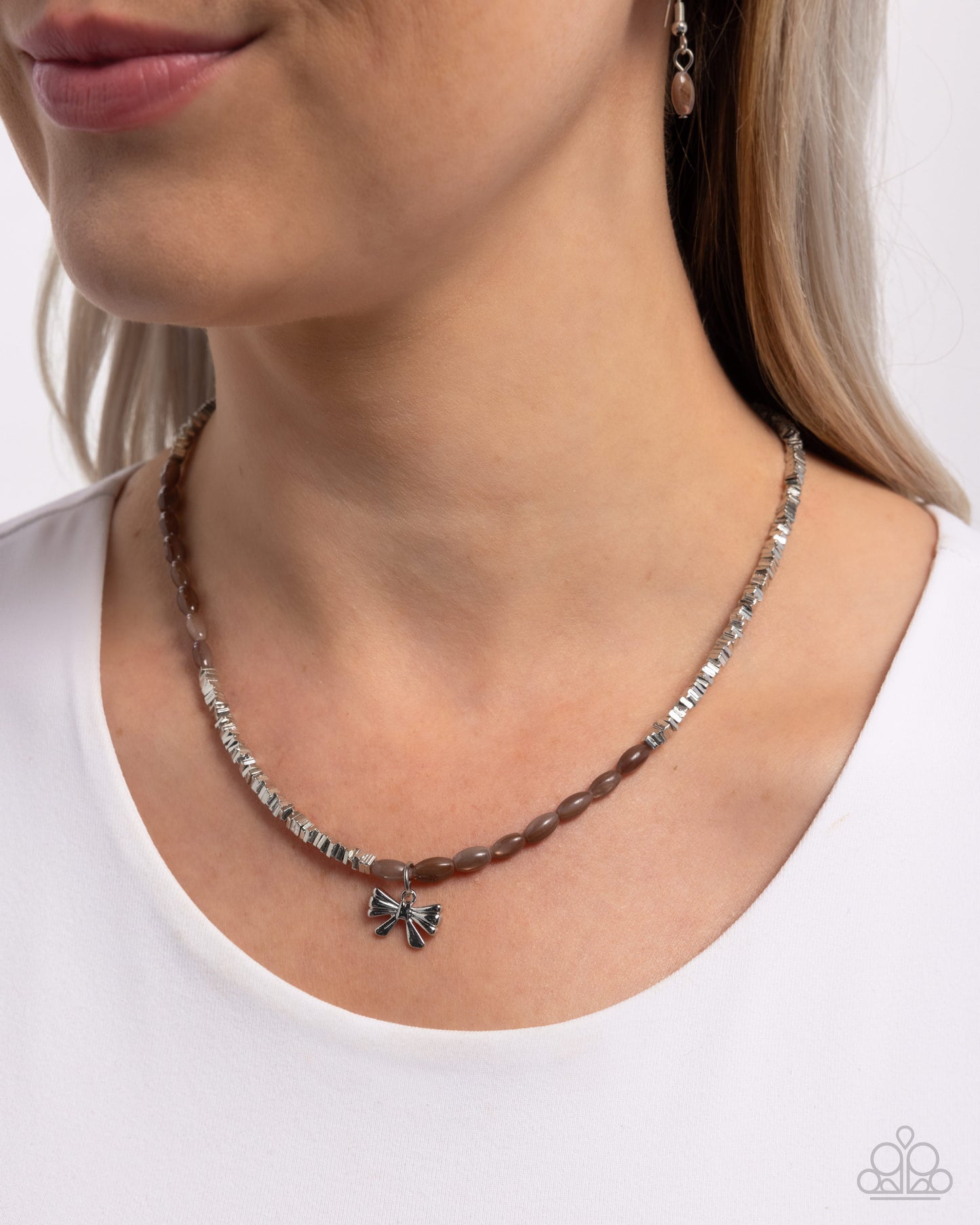 Dainty Dimension - Brown & Silver Bow Charm Necklace