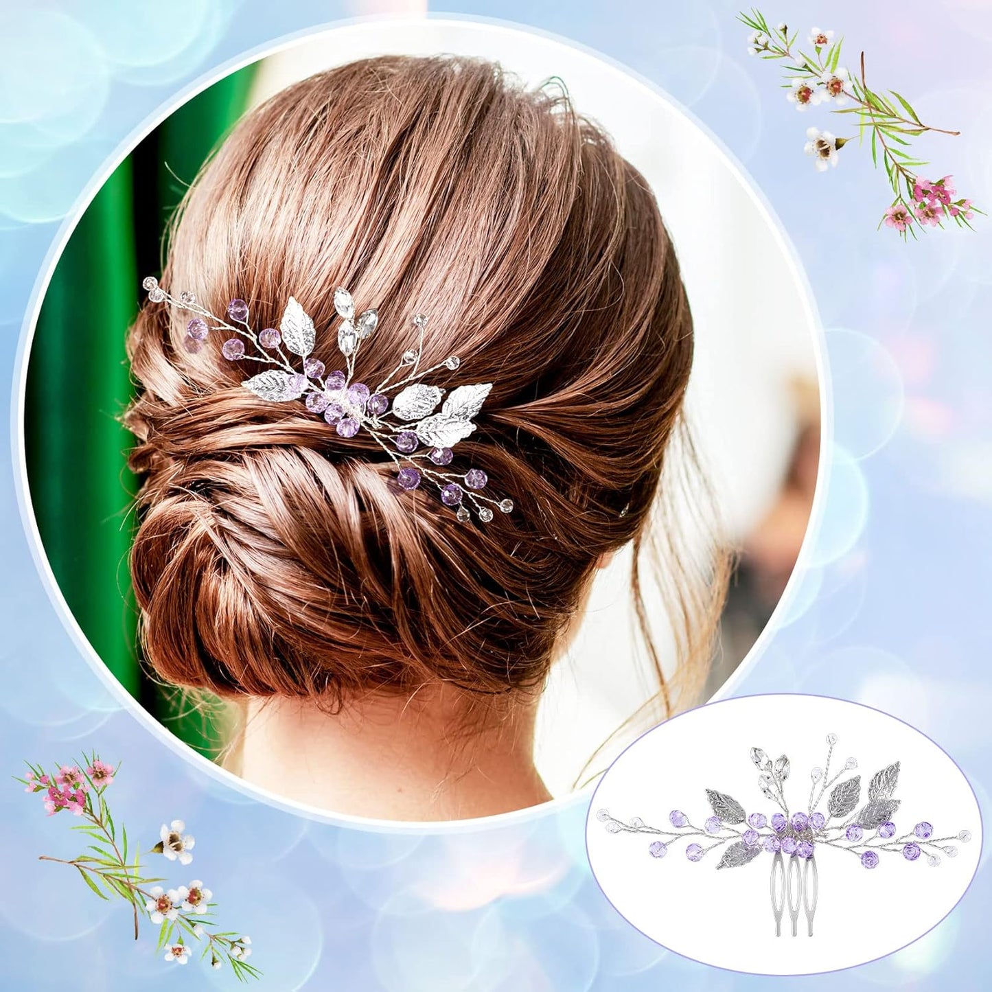 2PCS Leaf Hair Combs, Purple Rhinestone Hair Comb Clips, Hair Side Comb Clips, Crystal Wedding Headpiece Accessories for Women, Girls, Bride, Bridesmaid (4.73 X 2.76 Inch)