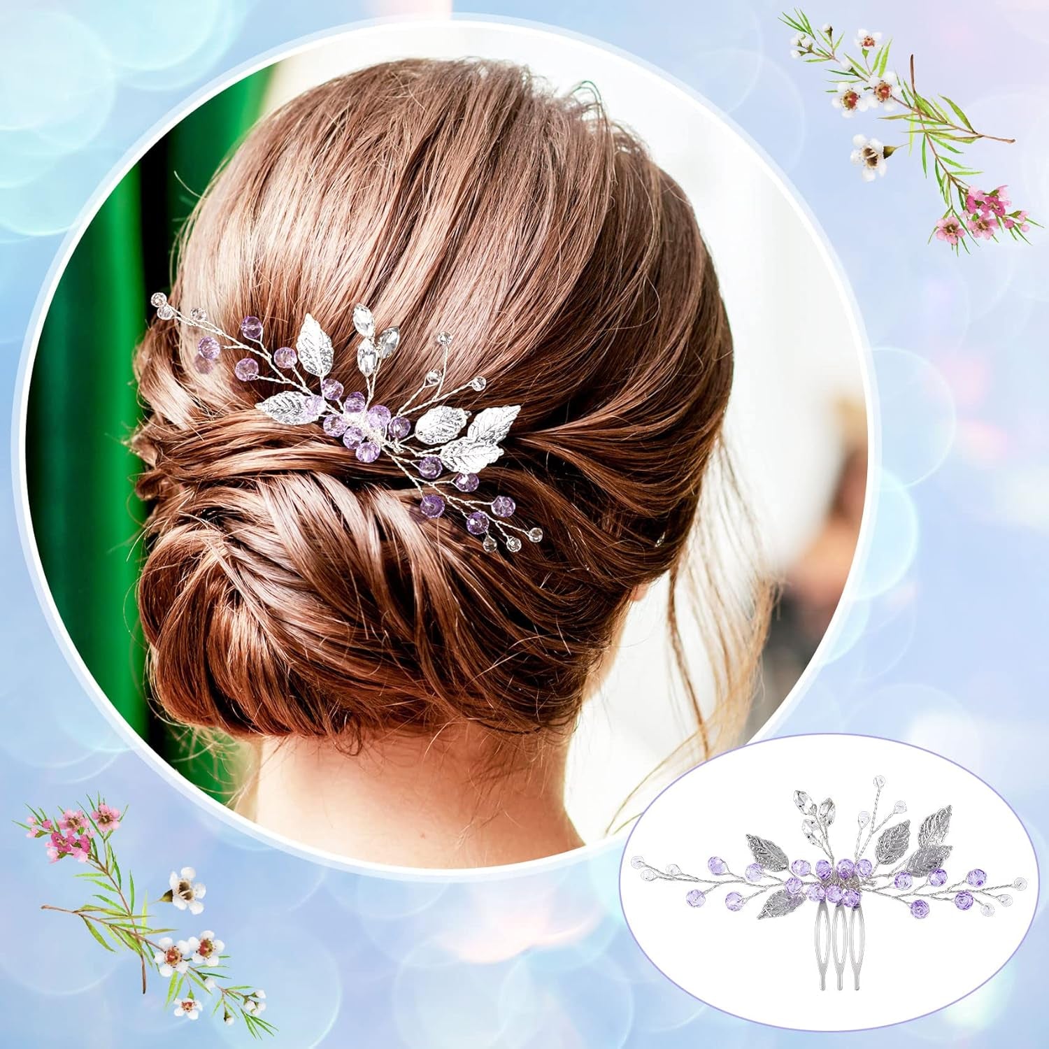2PCS Leaf Hair Combs, Purple Rhinestone Hair Comb Clips, Hair Side Comb Clips, Crystal Wedding Headpiece Accessories for Women, Girls, Bride, Bridesmaid (4.73 X 2.76 Inch)