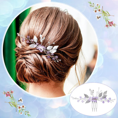 2PCS Leaf Hair Combs, Purple Rhinestone Hair Comb Clips, Hair Side Comb Clips, Crystal Wedding Headpiece Accessories for Women, Girls, Bride, Bridesmaid (4.73 X 2.76 Inch)