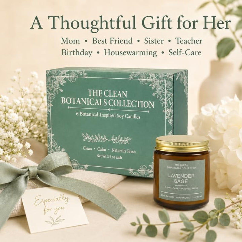 Scented Candles Gift Set for Women, Clean Botanicals Collection, 6 Pack 3.5 Oz Natural Soy Wax Candles in Amber Glass Jars, Aromatherapy Gifts for Mom Birthday Housewarming, Lavender Sage