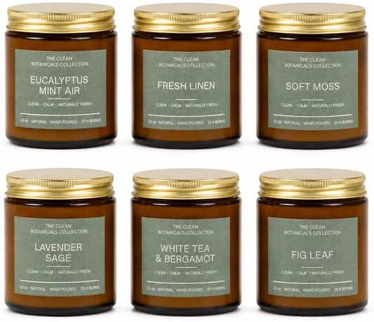 Scented Candles Gift Set for Women, Clean Botanicals Collection, 6 Pack 3.5 Oz Natural Soy Wax Candles in Amber Glass Jars, Aromatherapy Gifts for Mom Birthday Housewarming, Lavender Sage