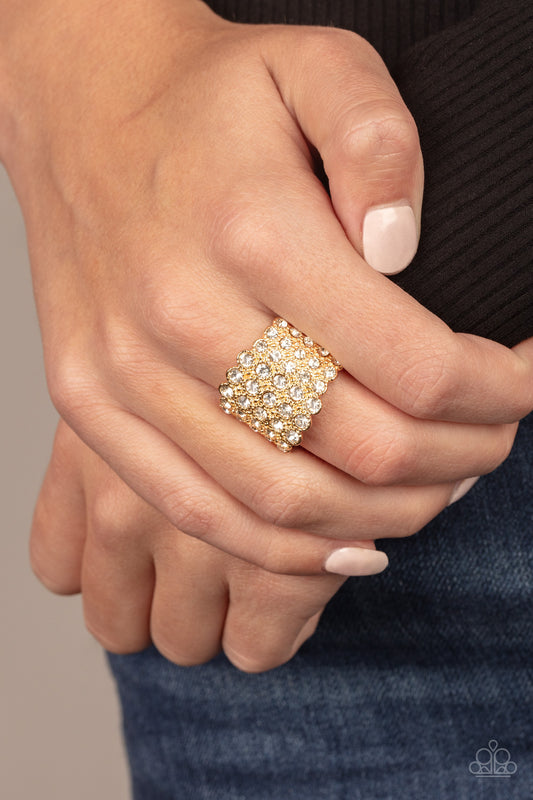 Million Dollar Masquerade - White Rhinestone Encrusted Gold Ring