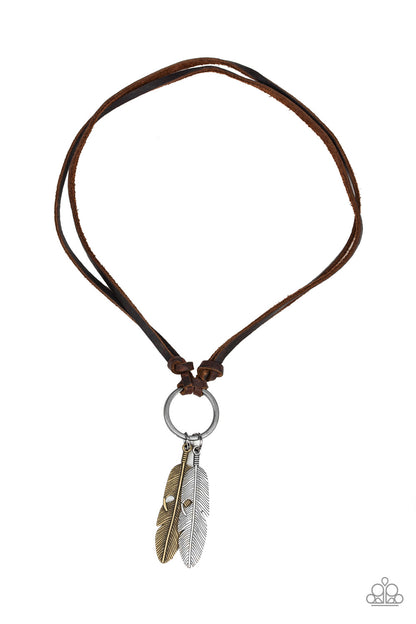 Sky Walker - Brown Leather Men's Necklace with Brass & Silver Feather Pendant