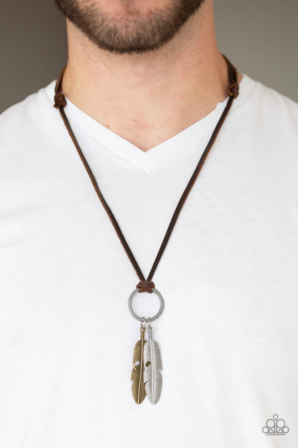 Sky Walker - Brown Leather Men's Necklace with Brass & Silver Feather Pendant