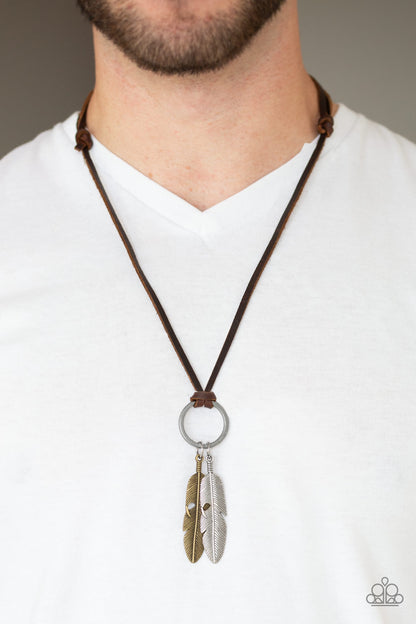 Sky Walker - Brown Leather Men's Necklace with Brass & Silver Feather Pendant