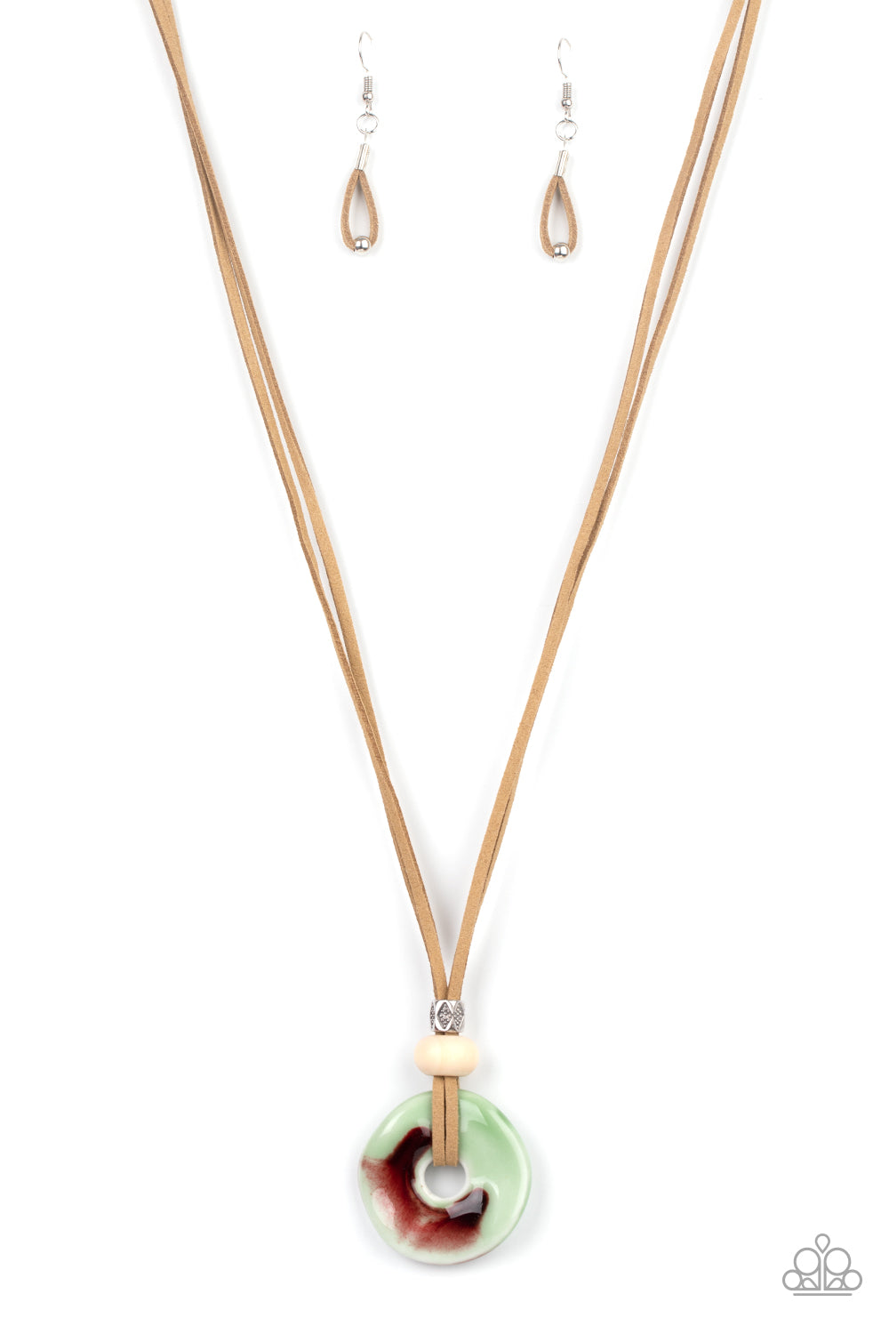 Primal Paradise - Green Ceramic Disc Boho Pendant Necklace