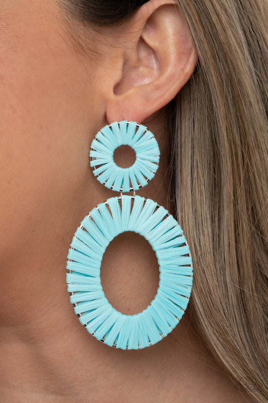 Foxy Flamenco - Blue Double-Hooped String-Wrapped Earrings