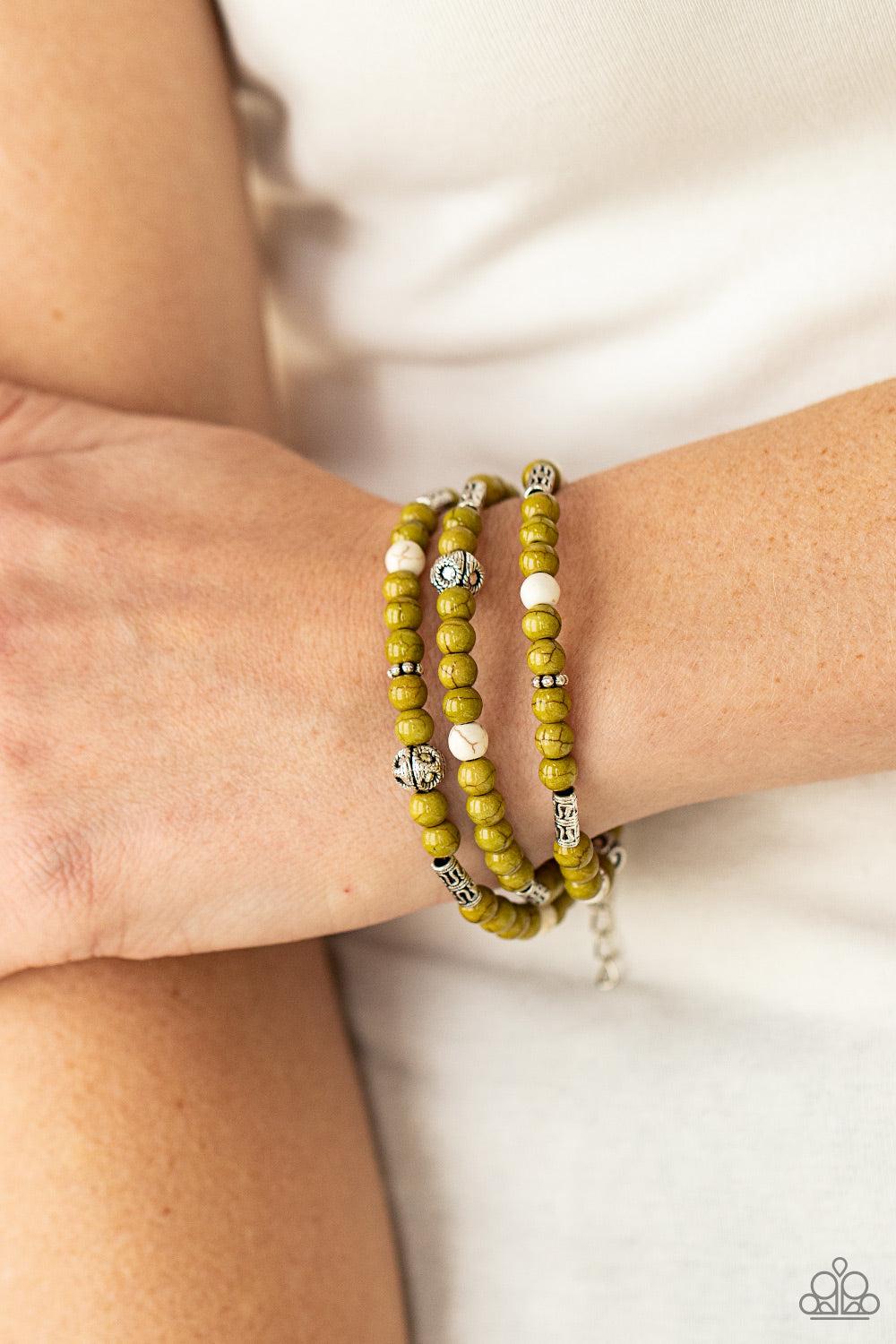 Desert Decorum - White and Willow Green Stone Bead Bracelet