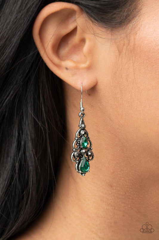 Urban Radiance - Green and Hamatite Rhinestone Earrings
