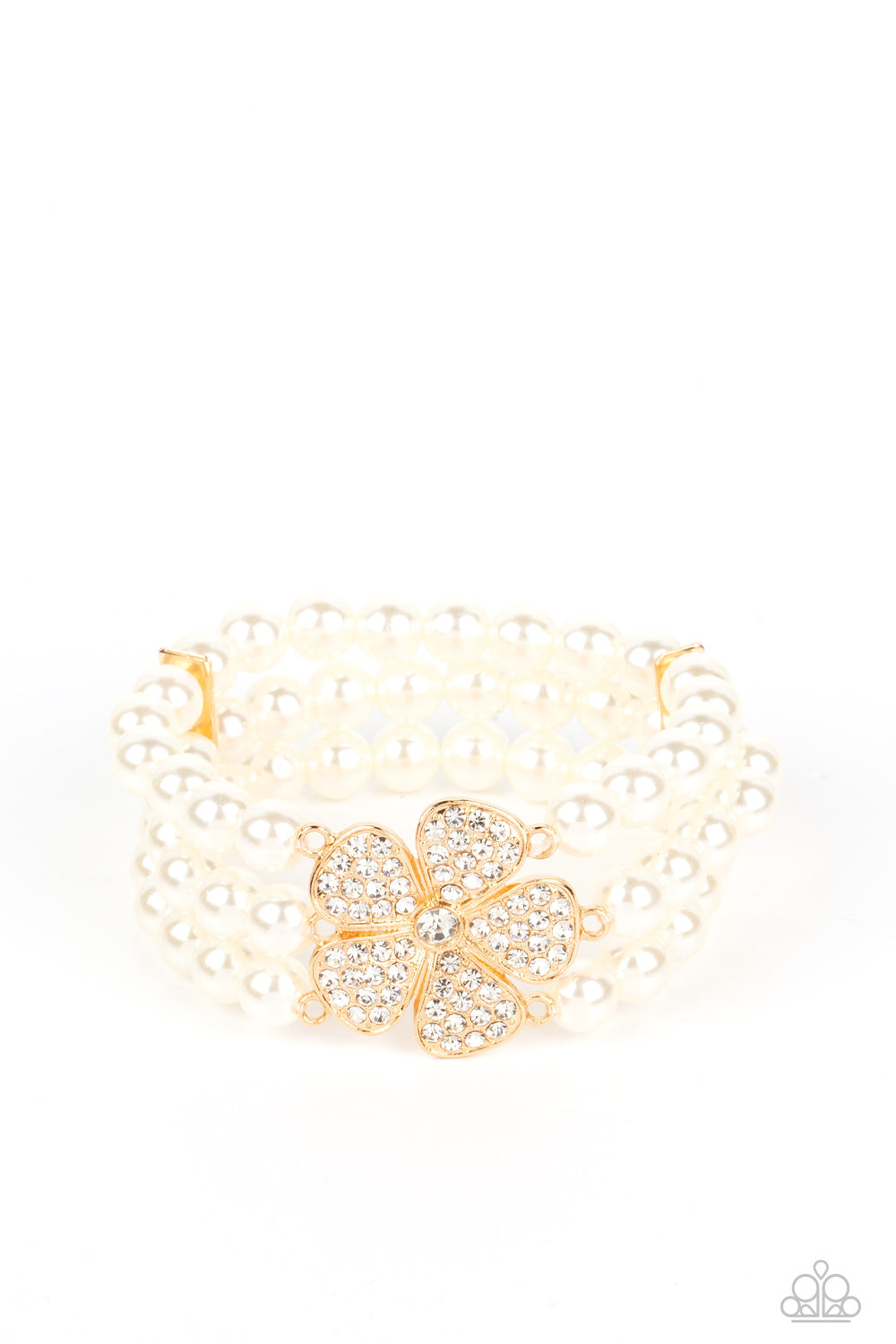 Park Avenue Orchard - Pearl Stretch Bracelet Featuring a Glitzy Gold Flower
