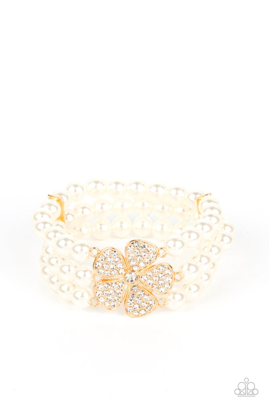 Park Avenue Orchard - Pearl Stretch Bracelet Featuring a Glitzy Gold Flower