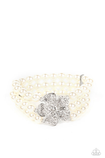 Park Avenue Orchard - White Pearl Bead Bracelet with Rhinestone Flower