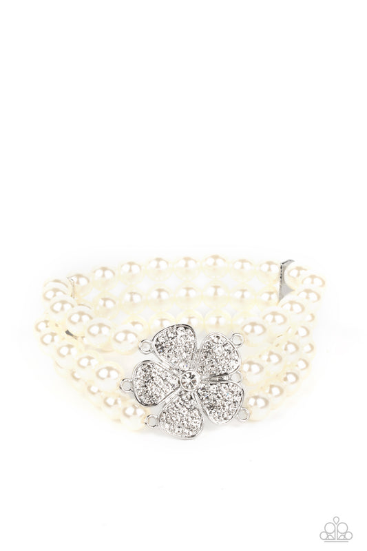 Park Avenue Orchard - White Pearl Bead Bracelet with Rhinestone Flower