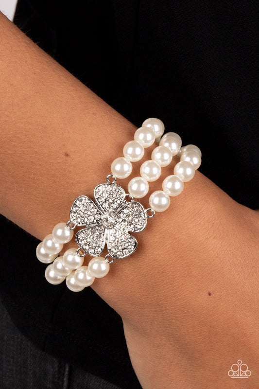 Park Avenue Orchard - White Pearl Bead Bracelet with Rhinestone Flower